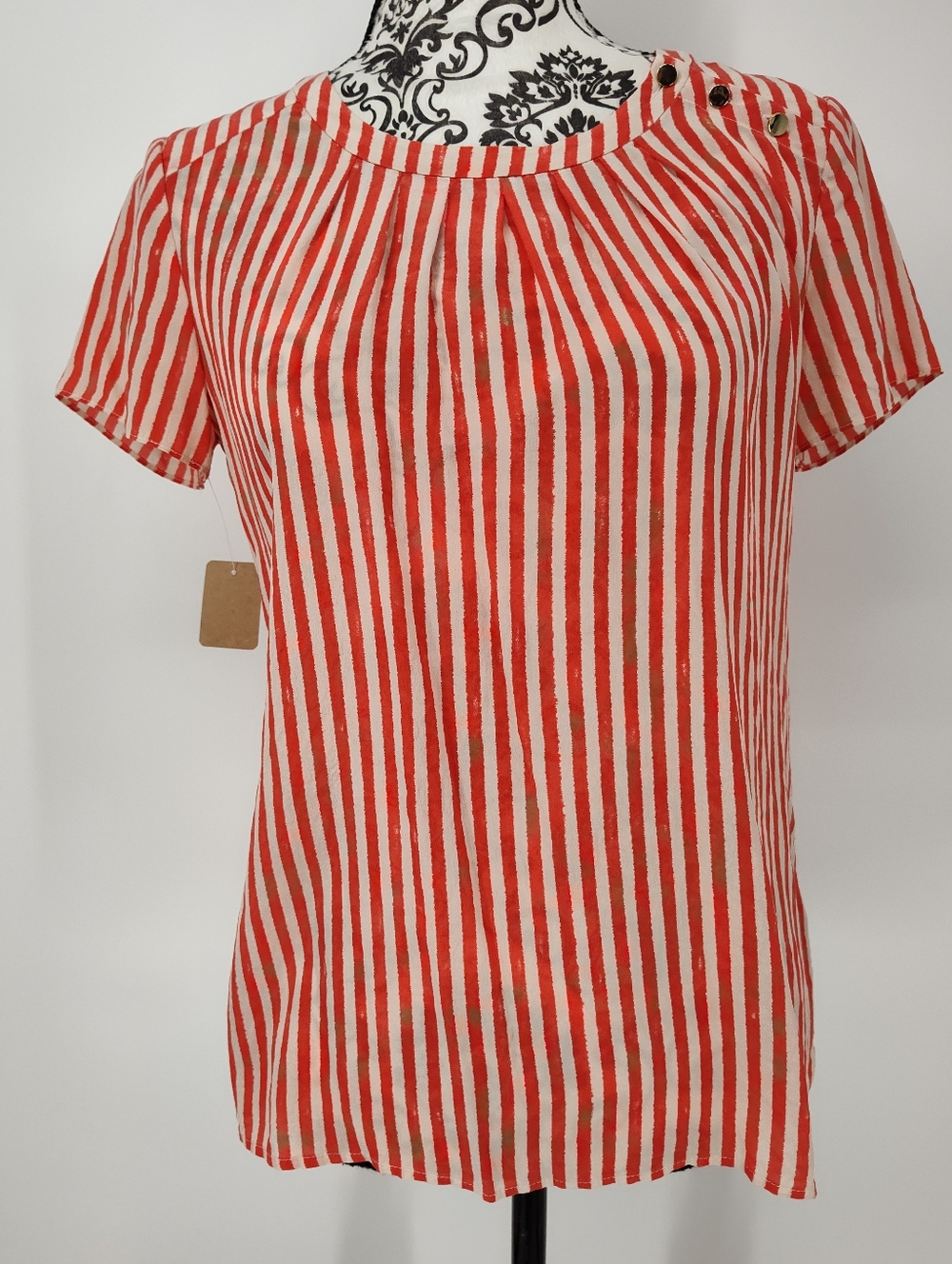 Banana Republic 100% Silk Orange & Cream Stripe Short Sleeve Blouse Women's 4